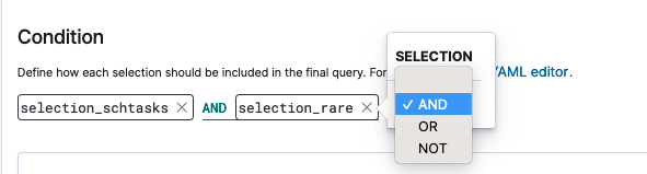 specifying the conditions for the selections in the detection definition.