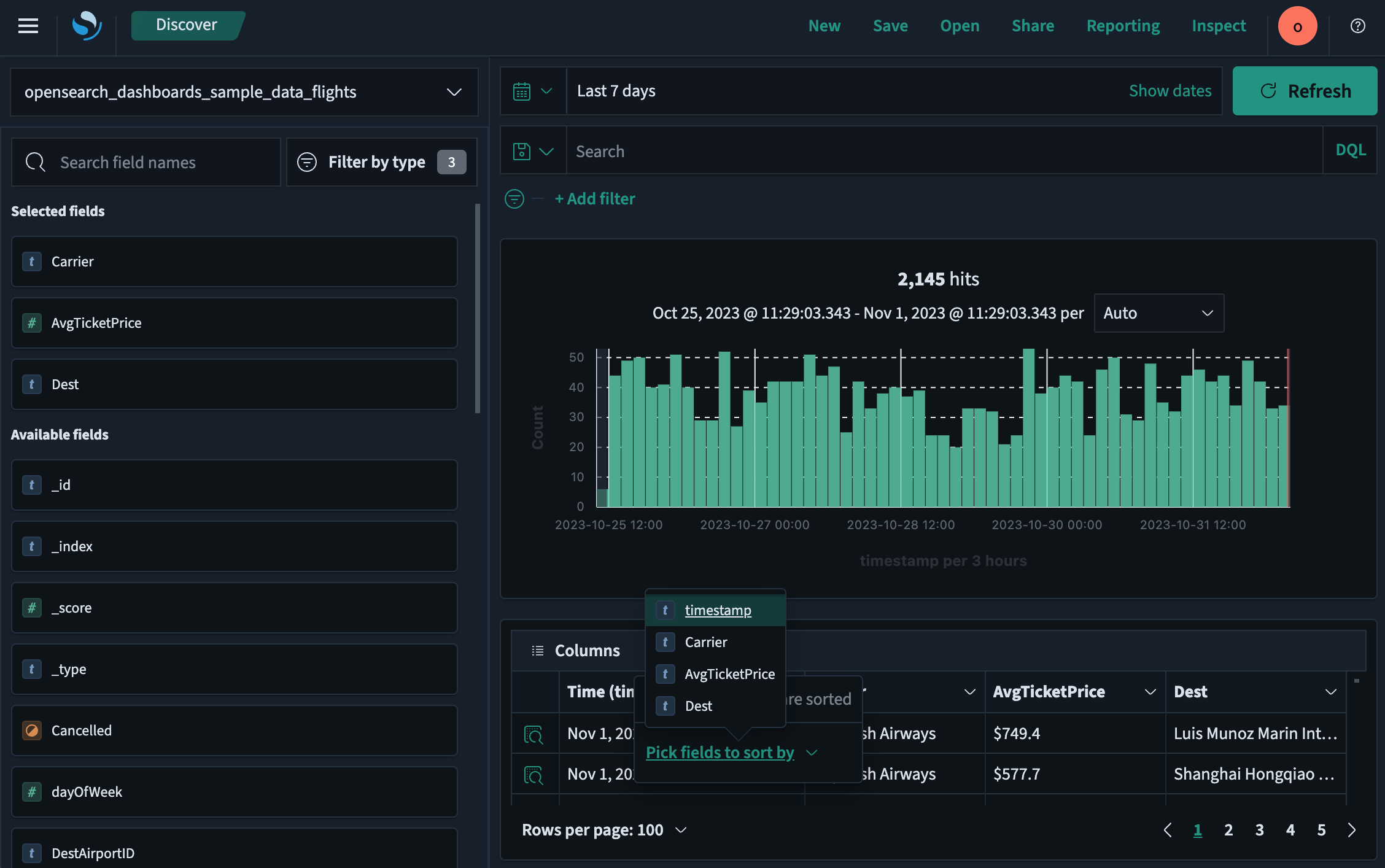 Discover interface showing adding and sorting data fields