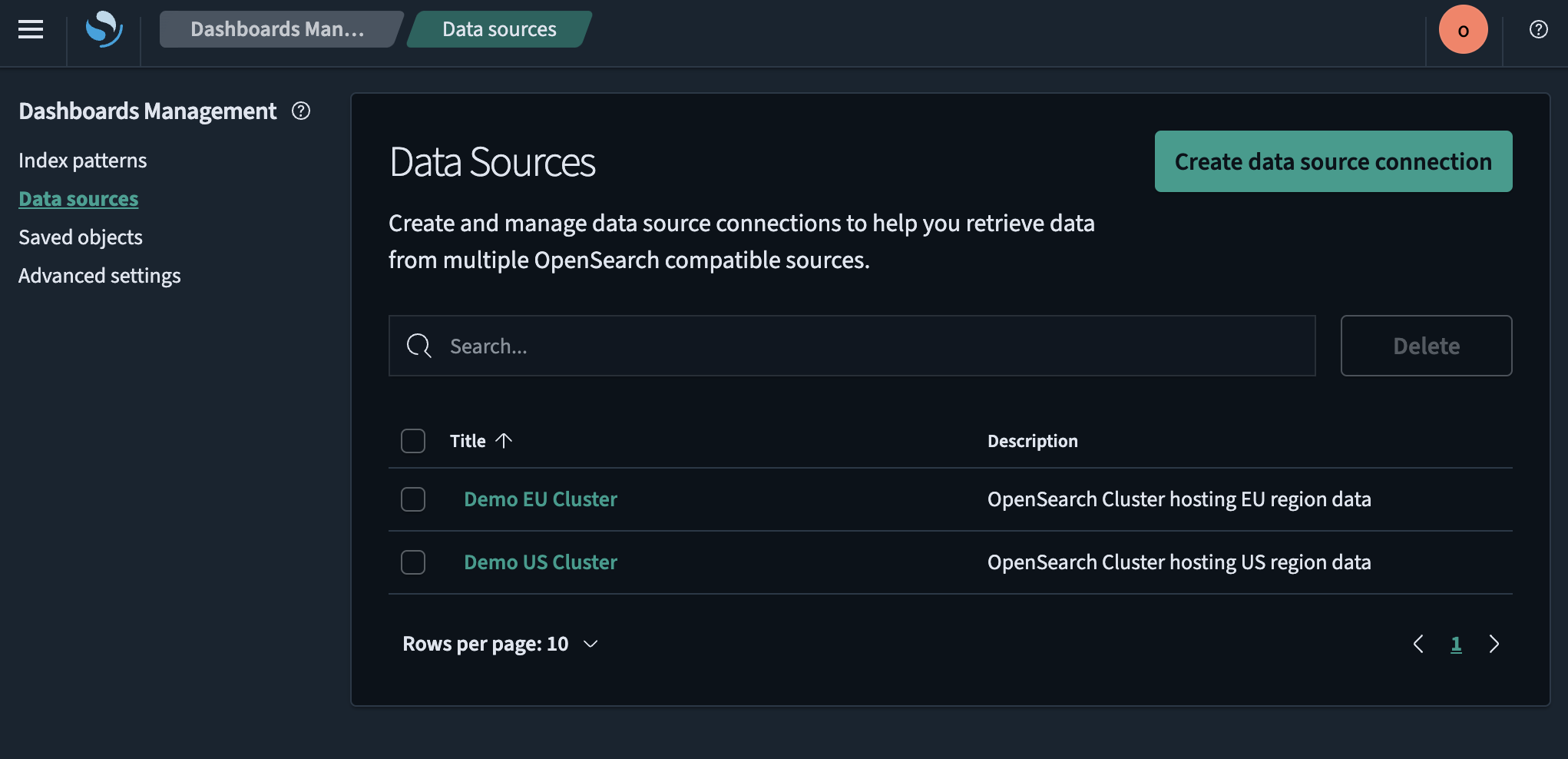 Dashboards Management Data sources main screen