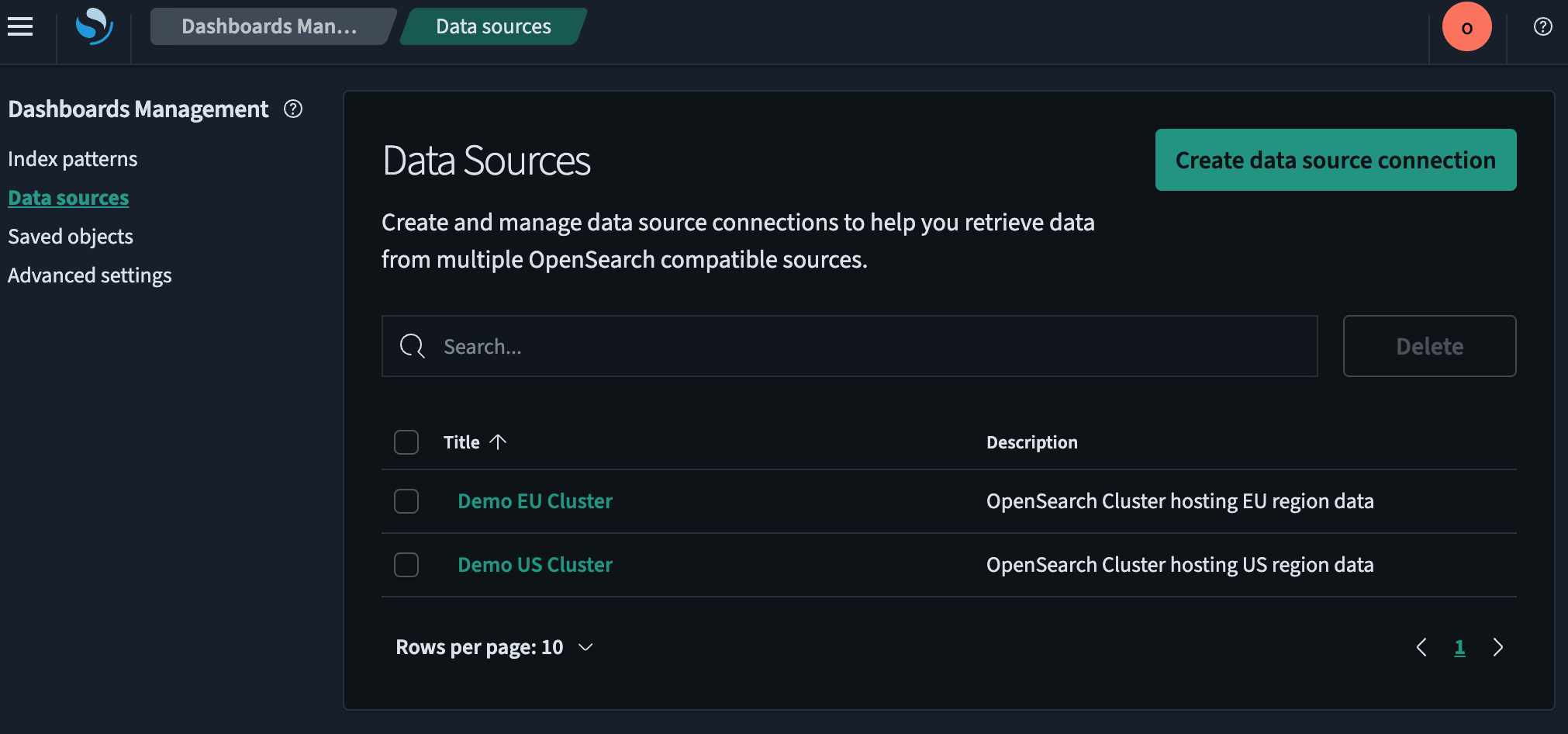 Data sources in sidebar within Dashboards Management