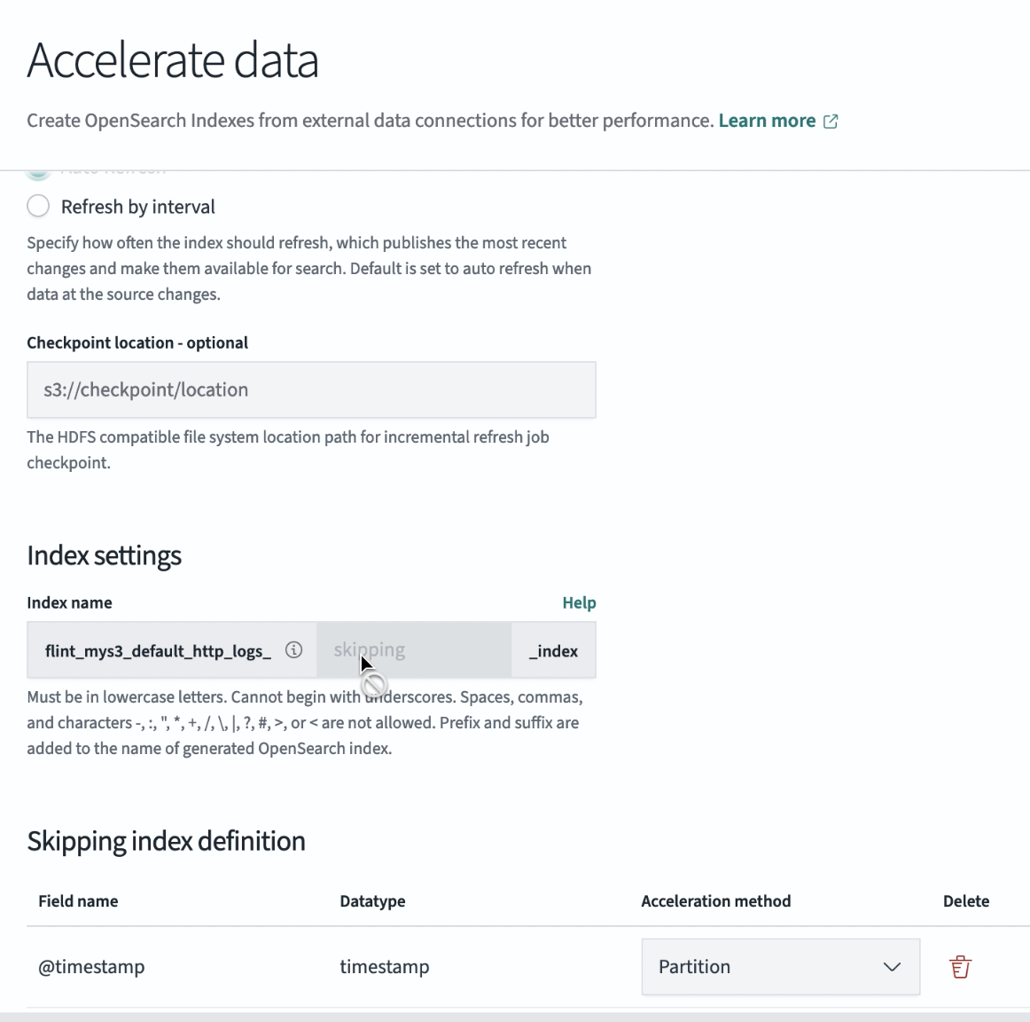 Skipping index settings