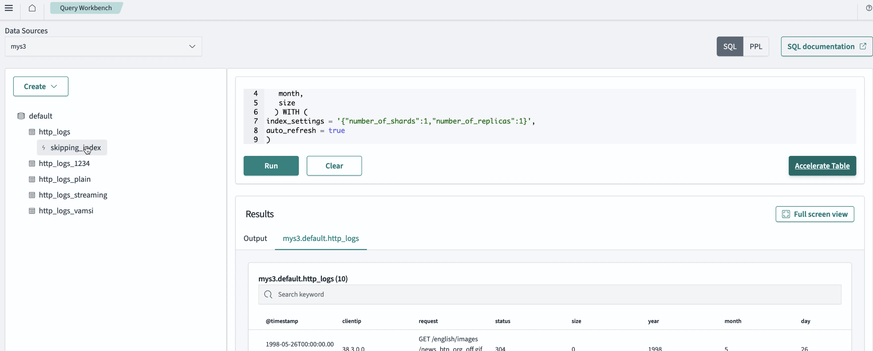 Run index in Query Workbench