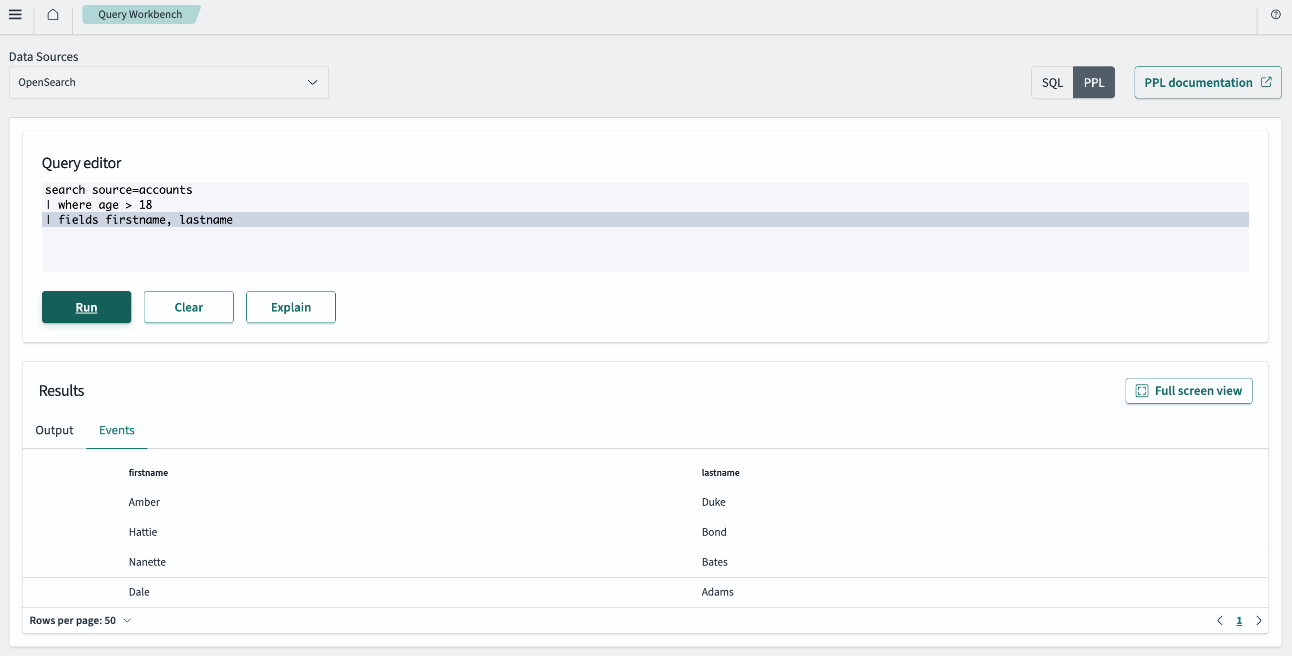 Query Workbench PPL query input and results output panes