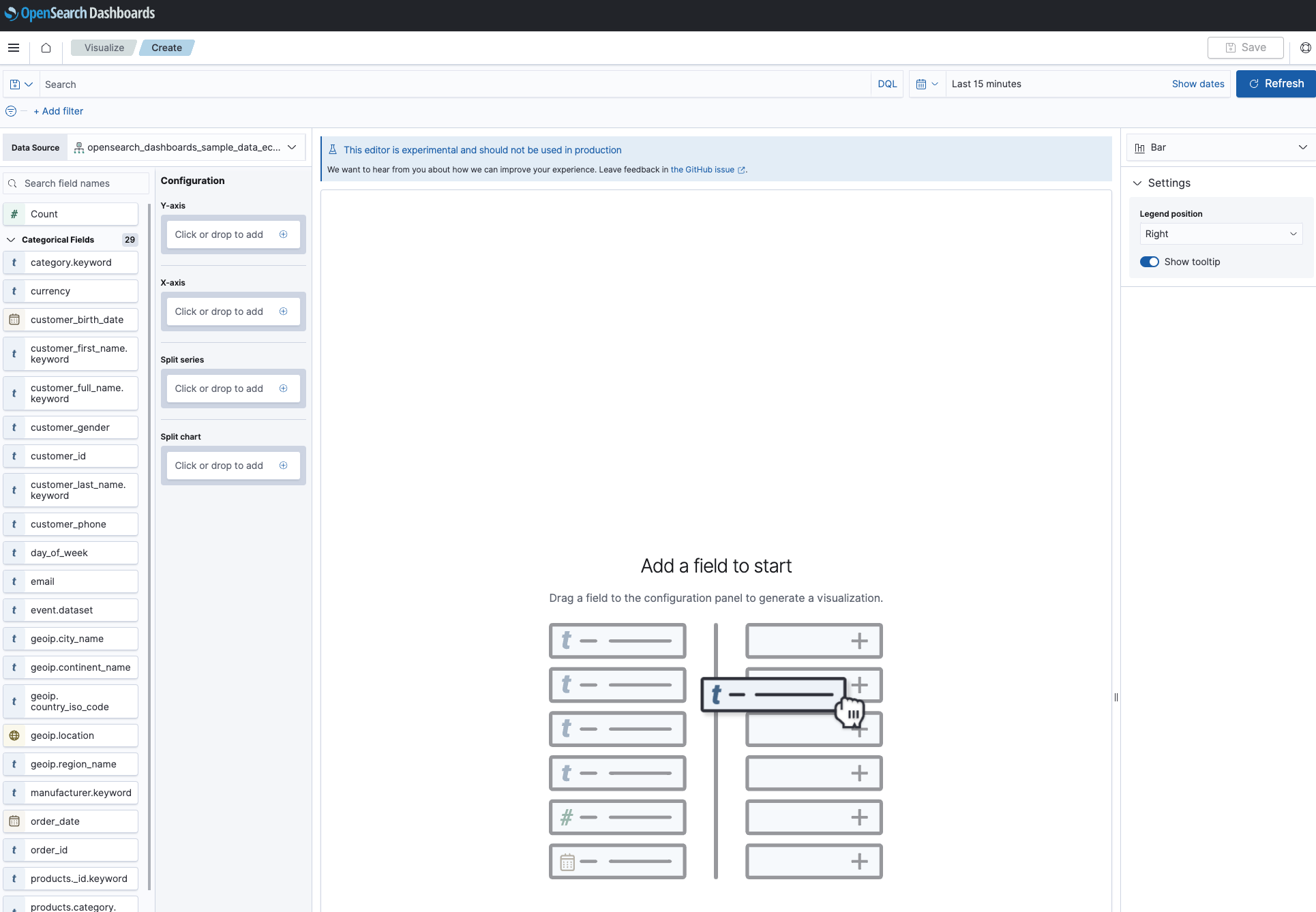 VisBuilder new visualization start page