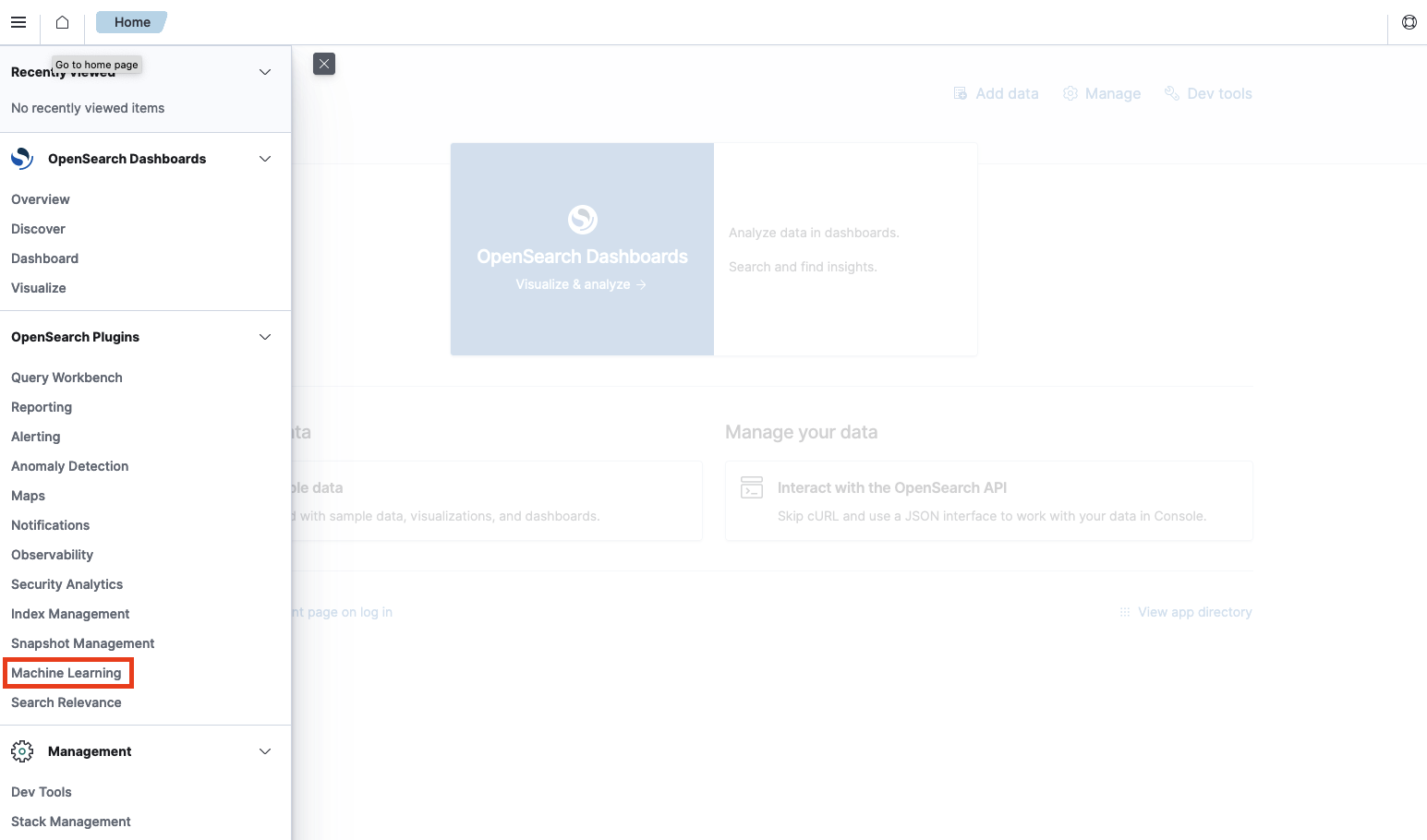 Machine Learning section in OpenSearch dashboards