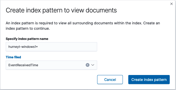 popup window prompting users to create an index pattern