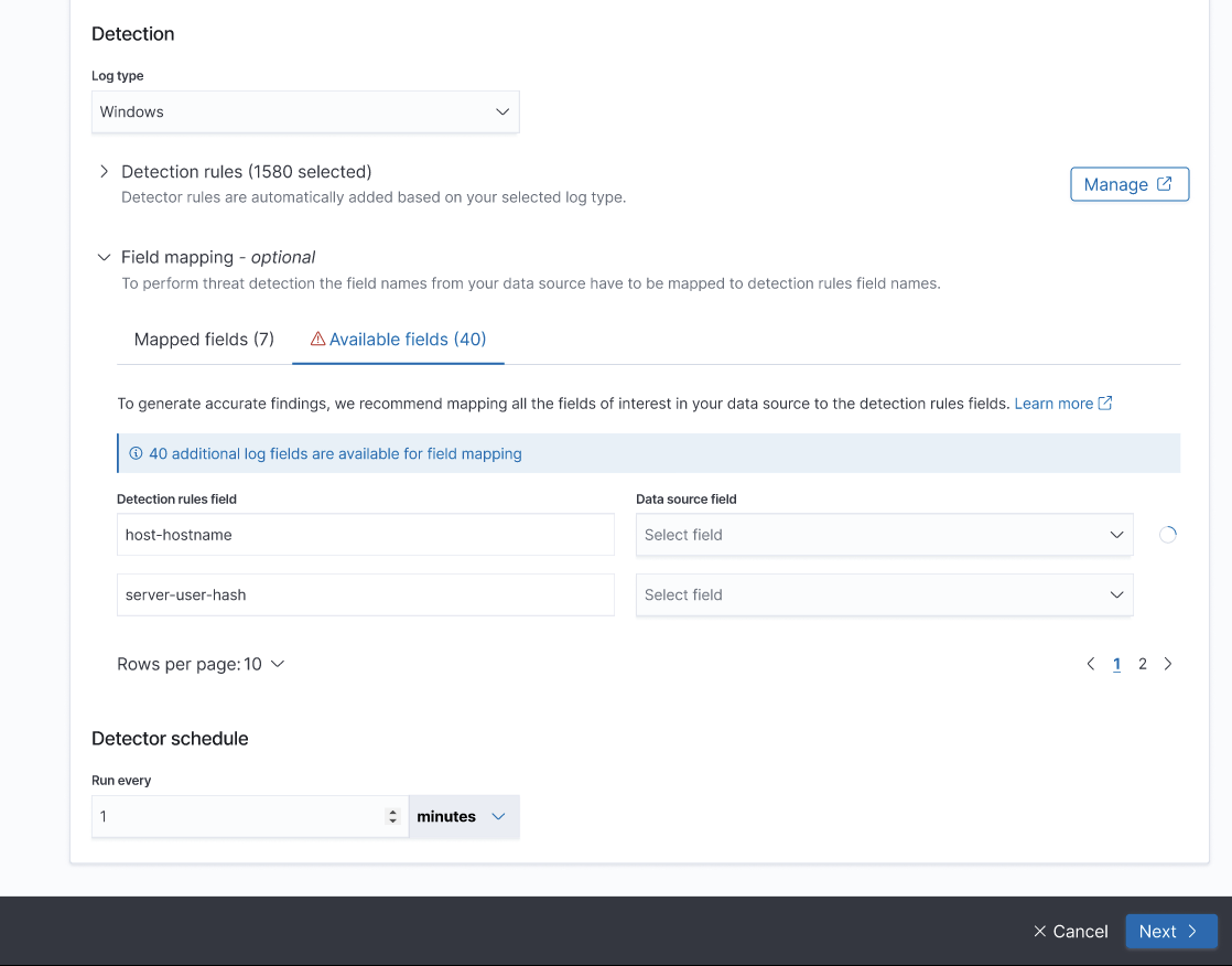 Field mapping example for available mappings