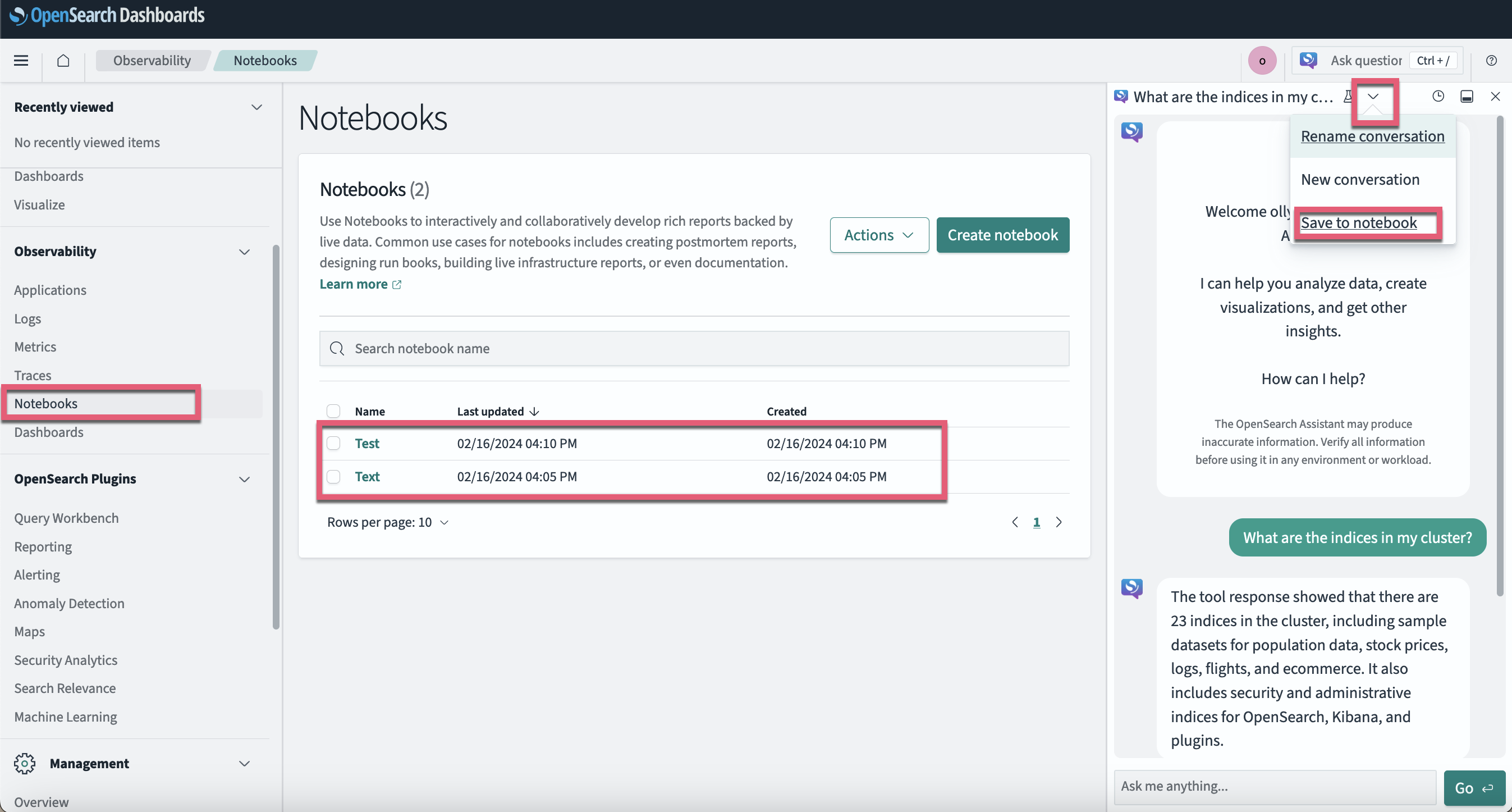 Notebooks interface with saved OpenSearch Assistant conversations