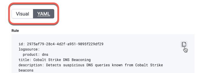 The rule details pane in YAML file view