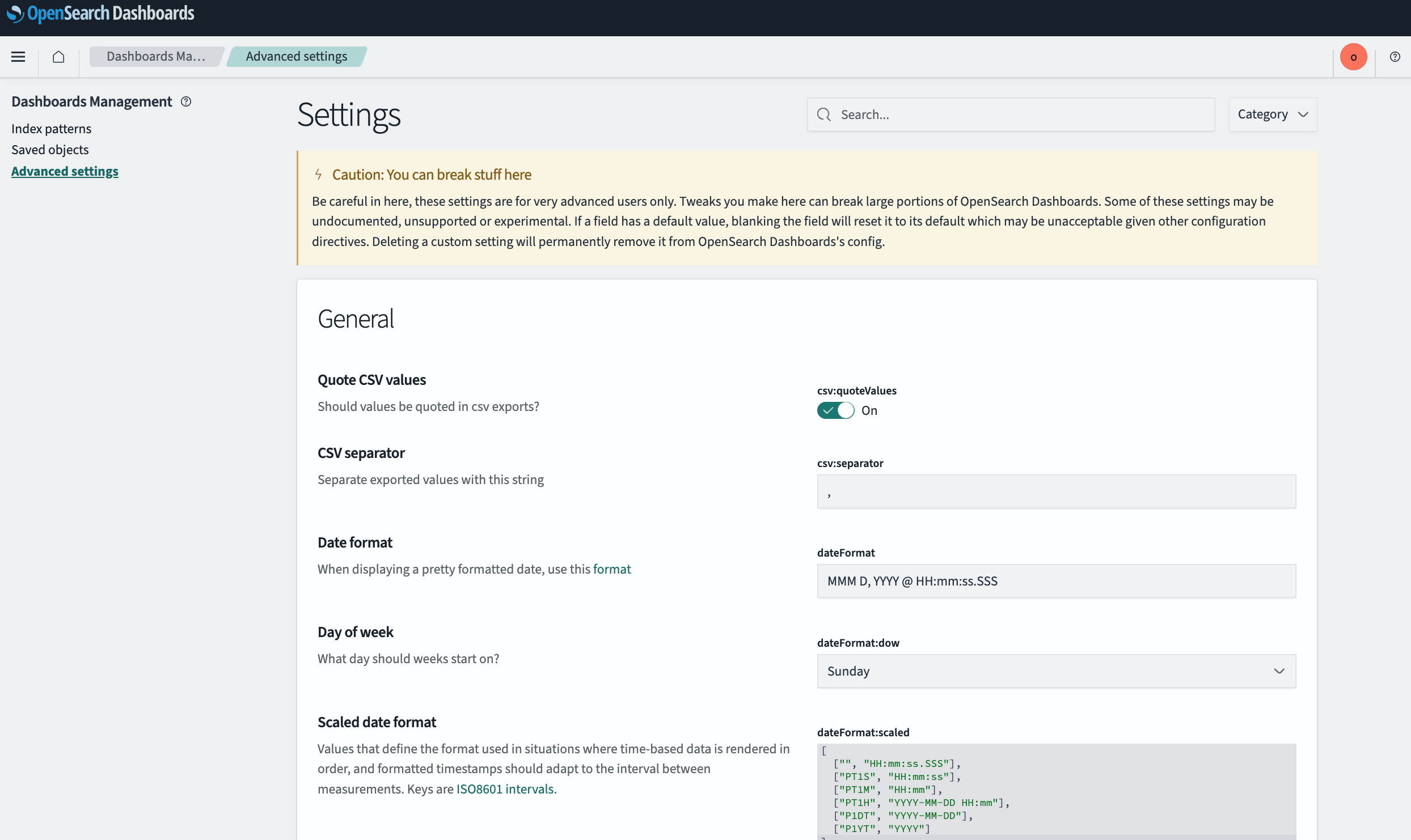 Advanced settings interface in OpenSearch 2.14