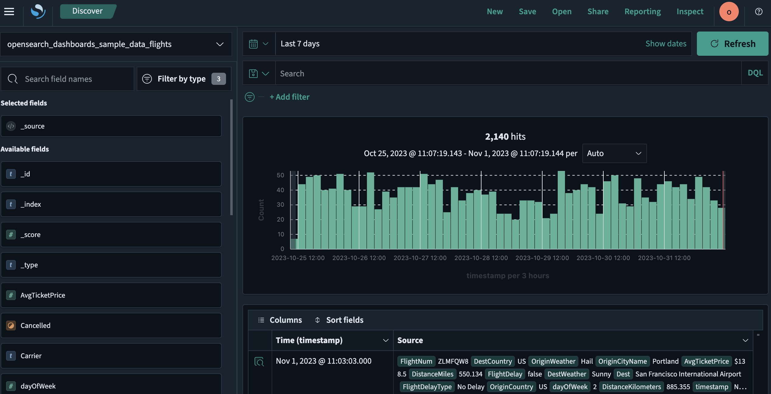 Discover interface showing search of flight sample data for Last 7 days