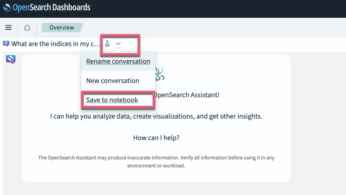 Notebooks interface with saved OpenSearch Assistant conversations