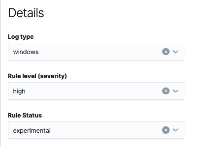 The Details fields in the Create detection rule window, which include the log type, rule level, and rule status fields.