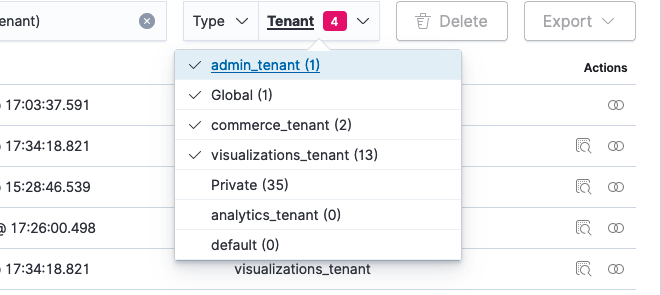 Dashboards Saved Objects view with emphasis on Tenants column