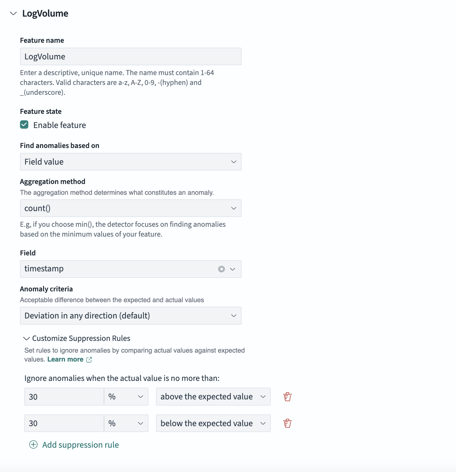 Interface of adding a feature with suppression rules