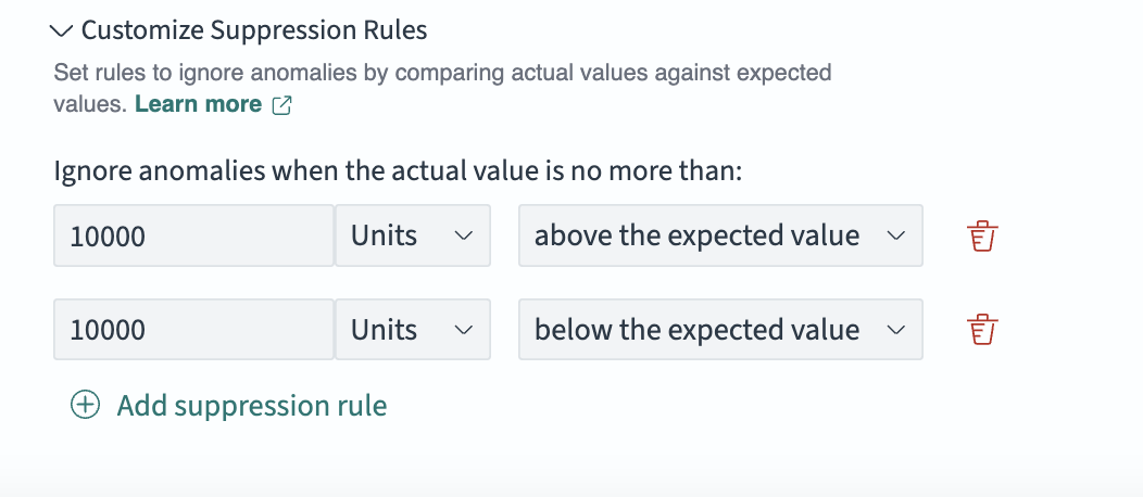 Interface of adding suppression rules with absolute rules