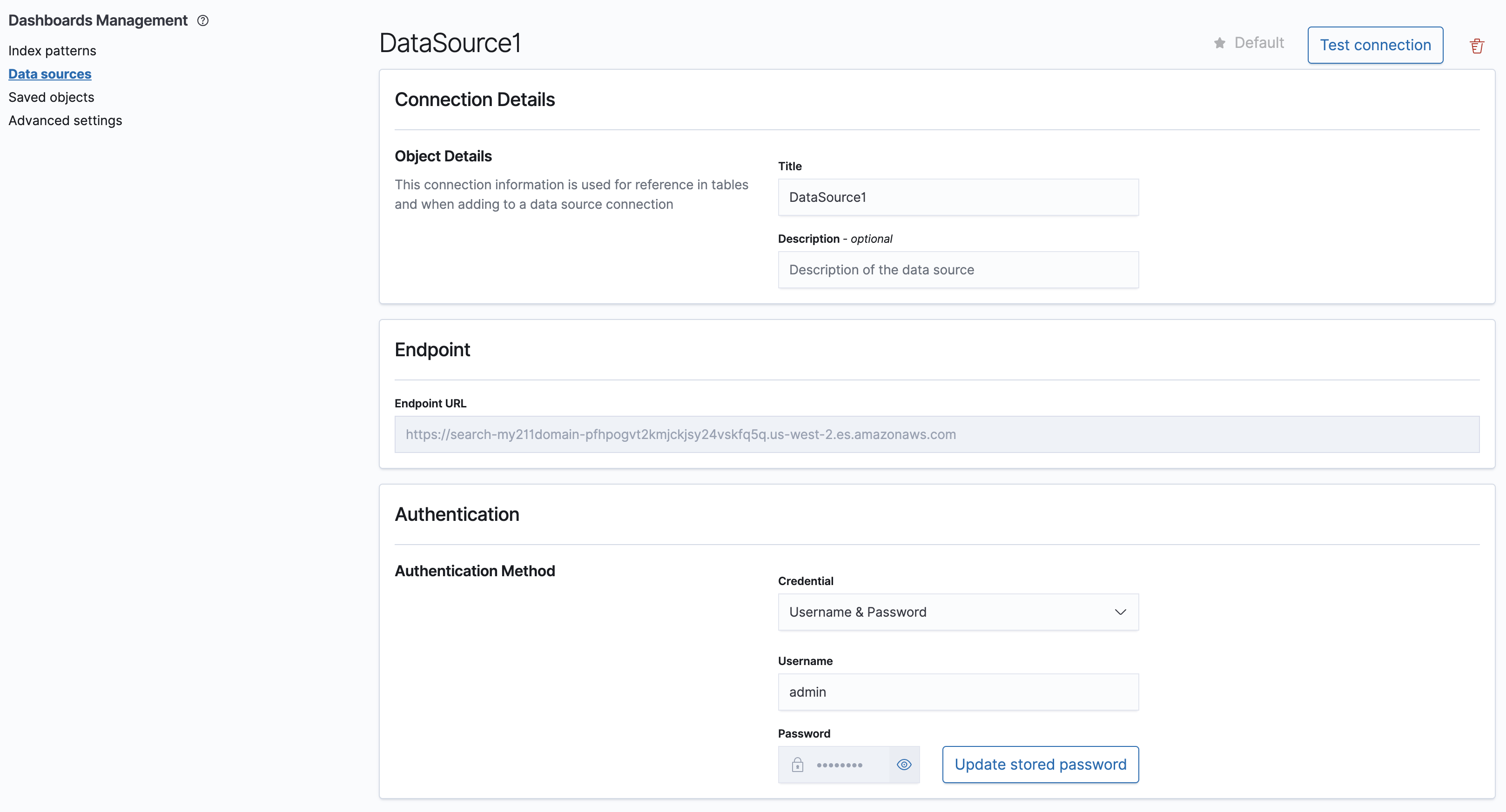 Data source connection screen