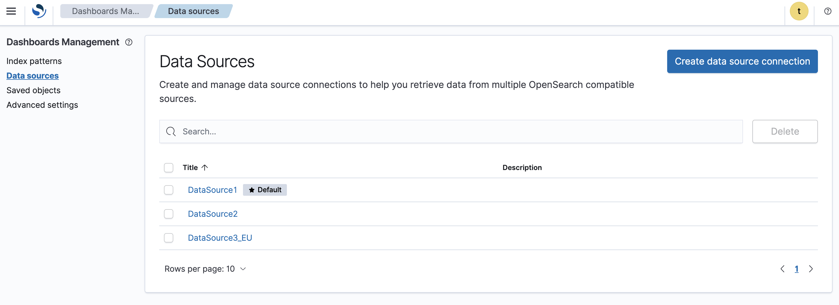 Dashboards Management data sources main screen