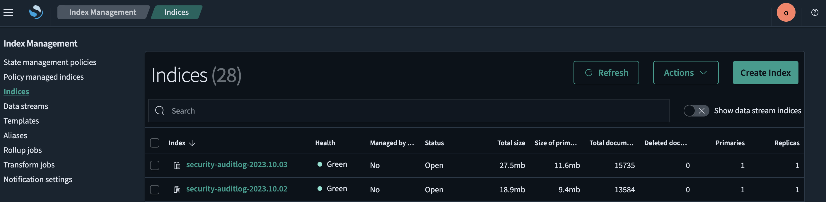 Index Management user interface