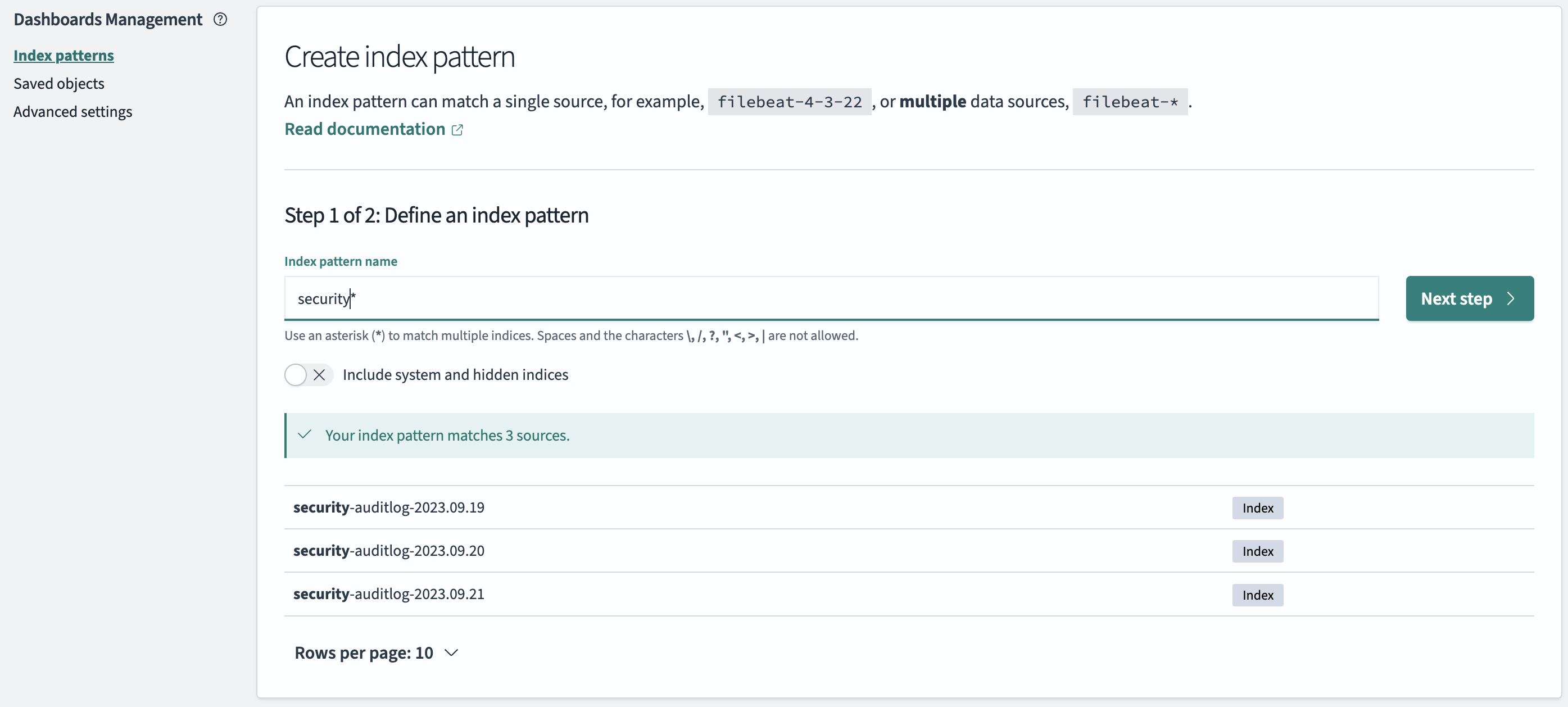 Index pattern step 1 UI 