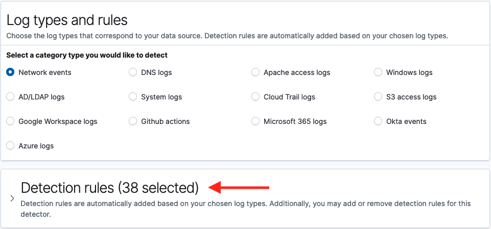 Selecting threat detector type to auto-populate rules
