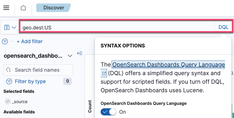 Search term using DQL toolbar in Dashboard