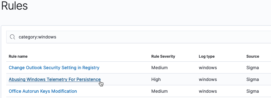 Selecting a rule in the Rules name list