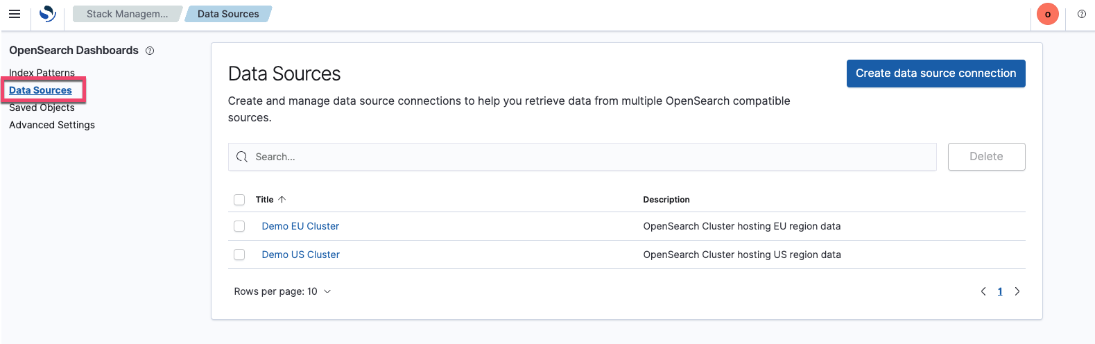 Data Sources navigation menu