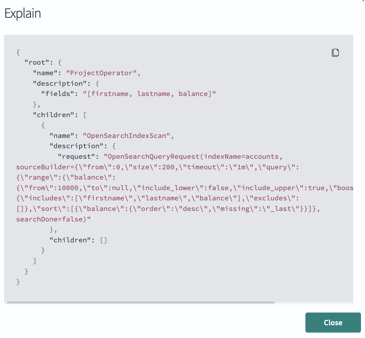 Query Workbench SQL query explanation pane