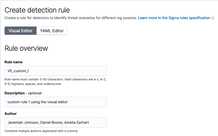 The Rule overview fields in the Create detection rule window, which include the rule name, description, and author fields.