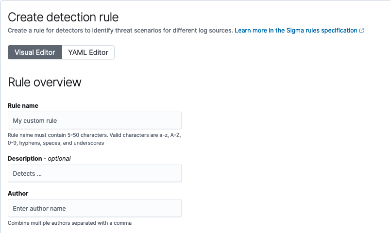 The Create a rule window, which includes the Visual Editor and YAML editor.