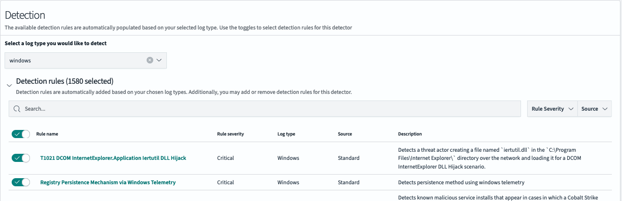Selecting threat detector log type to auto-populate rules