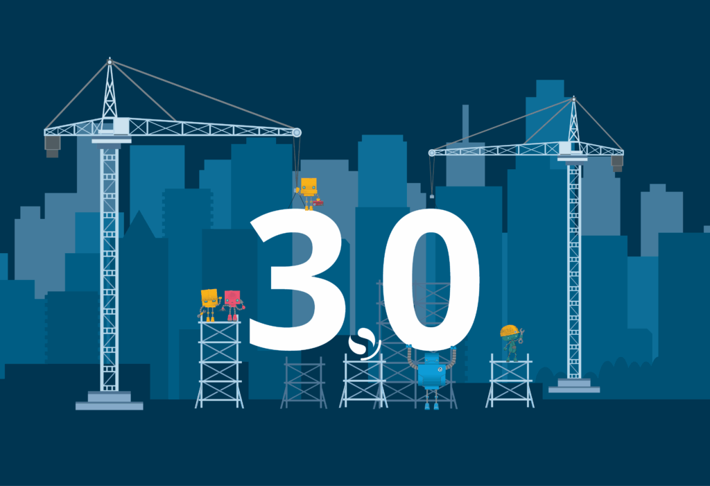 A graphic illustration of a construction scene over a city background with 3.0 in the middle.
