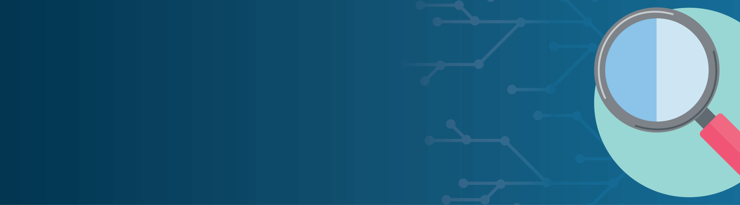 A dark blue horizontal banner with a magnifying glass on the right side of the banner.