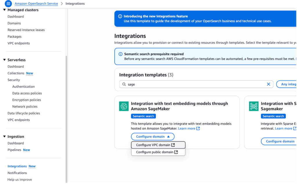 A screenshot of the OpenSearch Service console