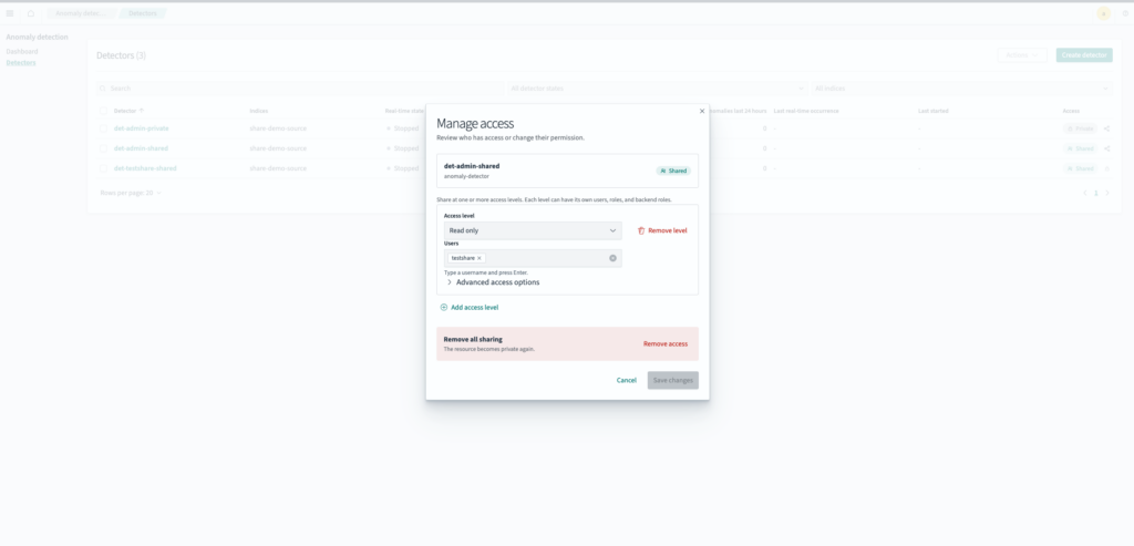 Manage access dialog for an anomaly detector in OpenSearch Dashboards showing a Read only access level shared with one user and a Remove all sharing option.